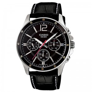 Casio MTP-1374L-1AVDF Day Date Silver Black Leather